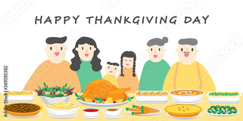 Illustration vector flat cartoon of food on happy Thanksgiving menu on dinner table as feast concept. Reunion family dinner celebrate on harvest festival