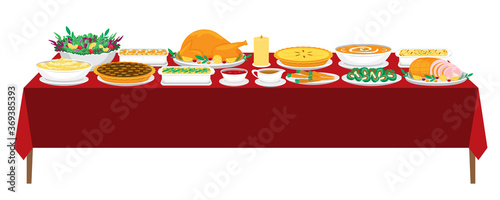 Photo Illustration vector flat cartoon of food on happy Thanksgiving menu on dinner table as feast concept