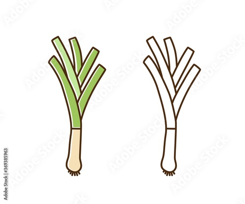 Organic natural leek monochrome and color set vector flat illustration. Fresh...
