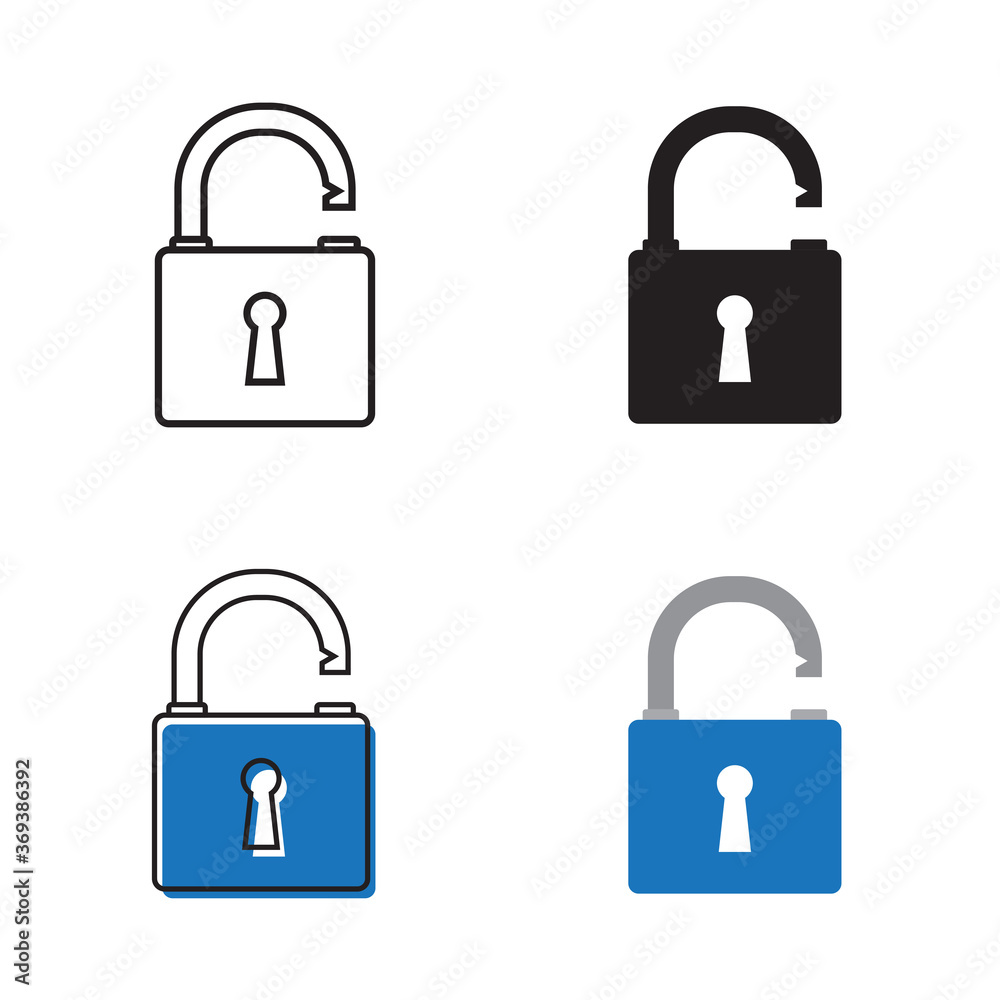 Simple open lock icon on white background 4 types such as outline, black, color, outline and color. Vector illustration. Simple open lock icon on white background 4 types such as outline, black, color, outline and color. Vector illustration.