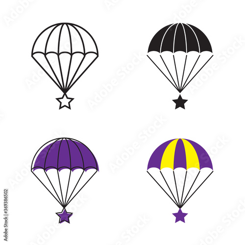 Simple star flying on parachute icon on white background 4 types such as outline, black, color, outline and color. Vector illustration.