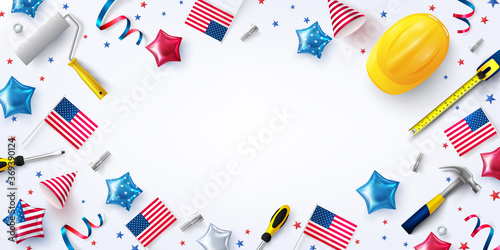 USA Labor Day Sale poster template.USA labor day celebration with american party elements and work tools.Sale promotion advertising banner template for USA Labor Day Brochures,Poster or Banner
