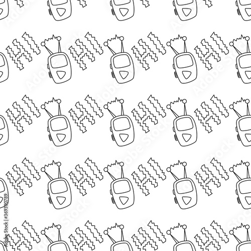 Seamless pattern with Radio  walkie-Talkie  transmitter  mobile phone or MP3 player in cartoon style. Design element on the theme of communication  Initial contact. Doodles vector illustration