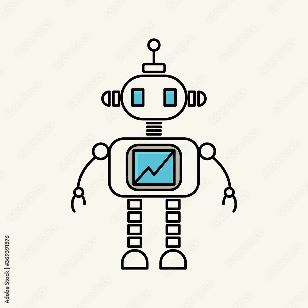 Humanoid biped robot standing. Front view. Isolated on white background. Outline thin line flat style illustration. Humanoid biped robot standing. Front view. Isolated on white background. Outline thin line flat style illustration.