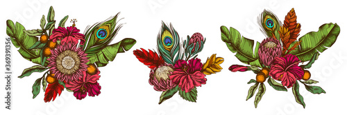 Flower bouquet of colored banana palm leaves, hibiscus, solanum, bromeliad, peacock feathers, protea
