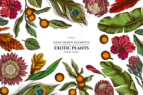 Floral design with colored banana palm leaves, hibiscus, solanum, bromeliad, peacock feathers, protea