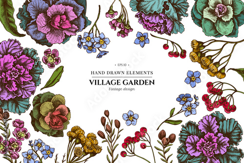 Floral design with colored wax flower, forget me not flower, tansy, ardisia, brassica, decorative cabbage