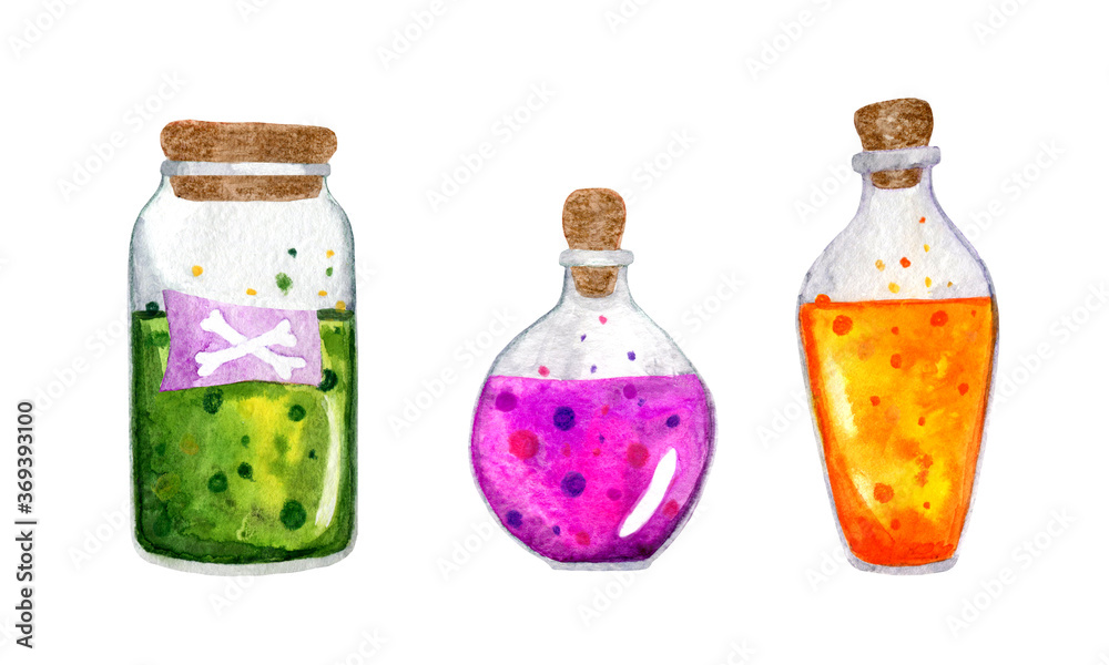Colored, cartoon jars of potions and poisons for Halloween. Drawn with watercolor on a white background. For festive decor.