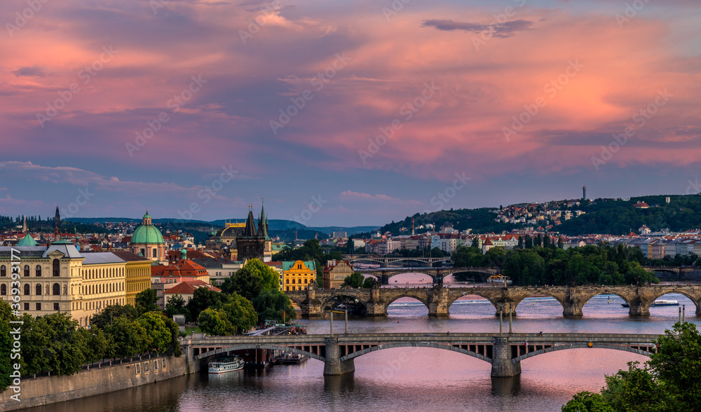 Panorama of Prague, the capital of the Czech Republic in the light of the setting sun