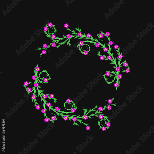 green leaves and branches with purple flowers on gray background. floral frame circle border. design element for ad, cover, banner, card, flyer. vector illustration. spring or summer template