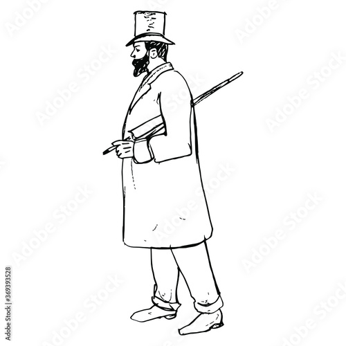 Standing man in vintage clothes. Victorian gentleman in cylinder with umbrella. XIX century fashion. Hand drawn linear ink sketch. Black and white silhouette. 