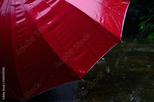 Red umbrella prevent rain and wind hazard with health care concept.