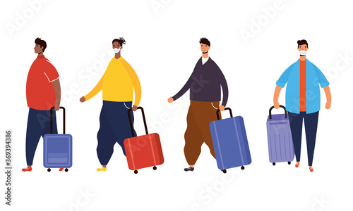 interracial male travelers with suitcases avatars characters
