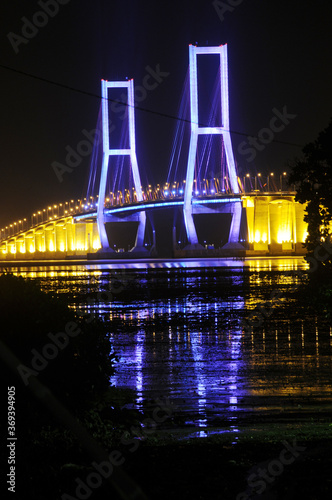 Night light, Suramadu bridge in Indonesia connects Java Island and Madura Island in Surabaya, East Java, Indonesia
