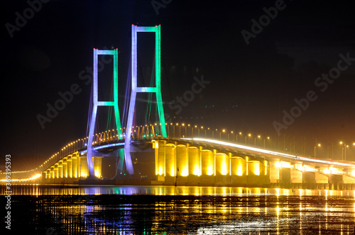 Night light, Suramadu bridge in Indonesia connects Java Island and Madura Island in Surabaya, East Java, Indonesia