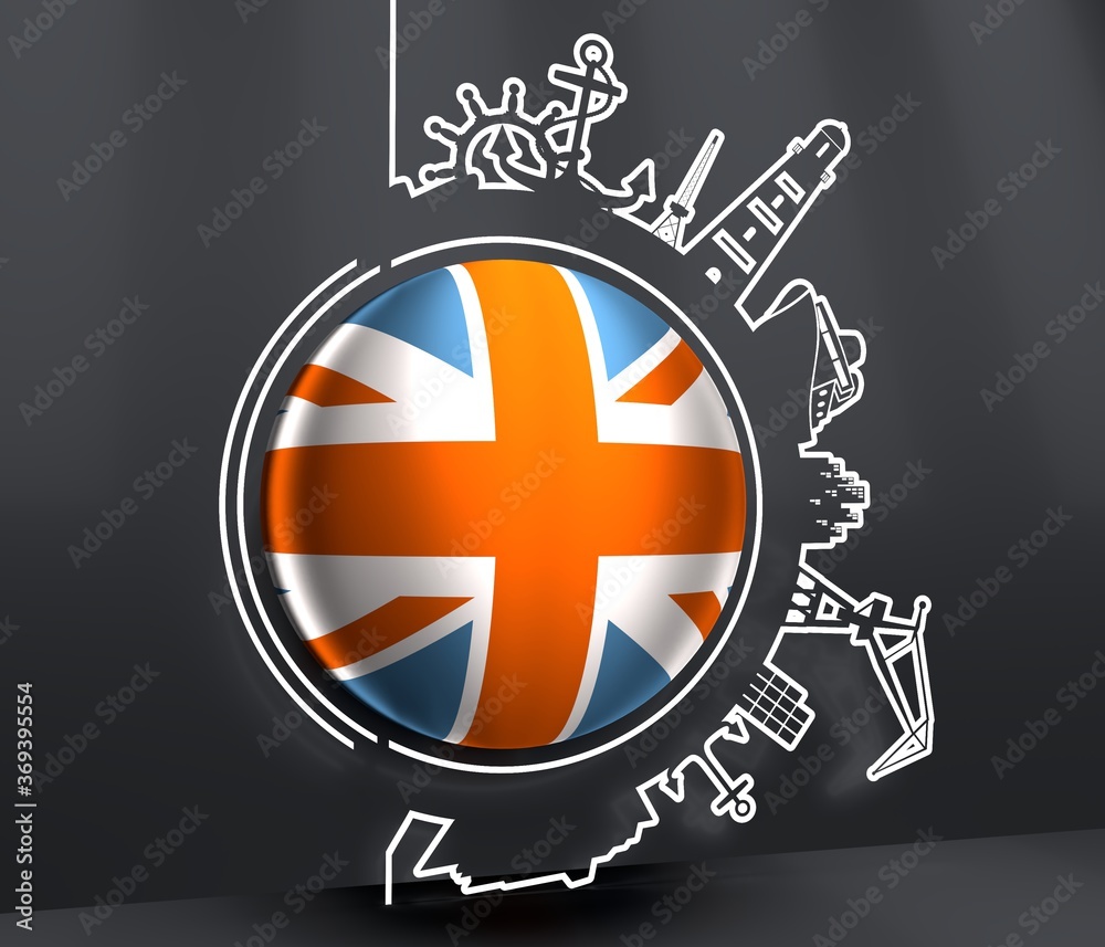Obraz premium Circle with sea shipping and travel relative silhouettes. Objects located around the circle. Industrial design background. Flag of United Kingdom. 3D rendering