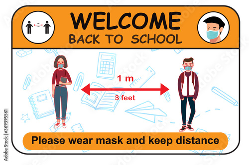 welcome back to school, keep your distance and wear a mask. vector illustration. child cartoon concept
