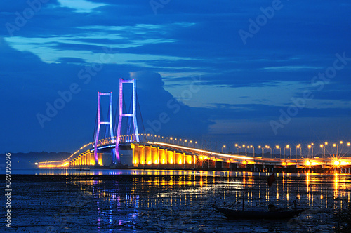 Beautiful scenery before the sun sets on the Suramadu bridge connecting Java Island and Madura Island in Surabaya, East Java, Indonesia
