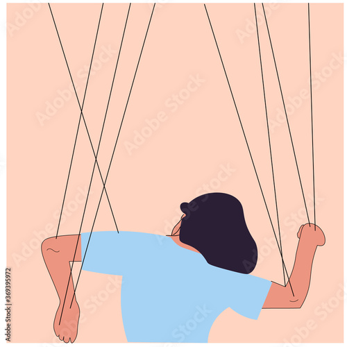 Someone manipulates and abuses a woman. Toxic relationships. Flat vector illustration. Manipulations. Marionette.