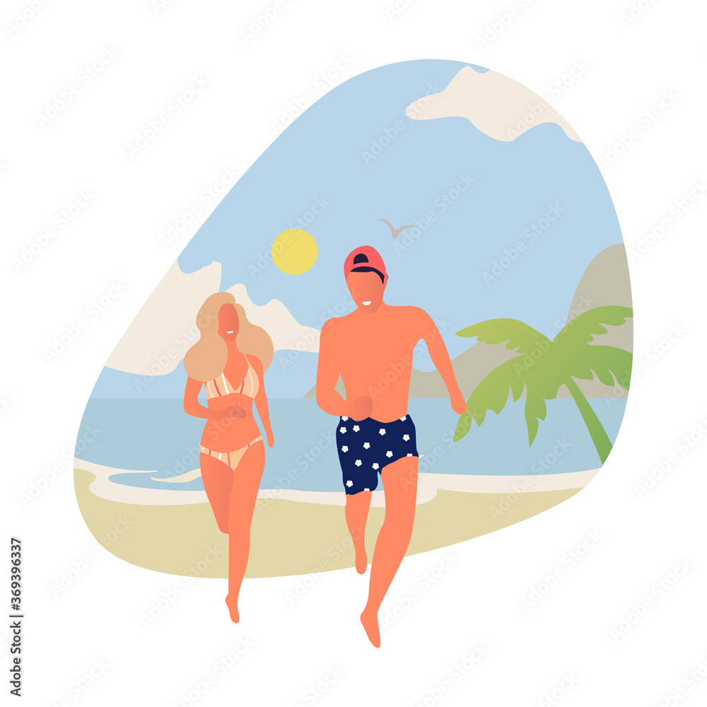 Young couple at beach. Summer travel illustration - Vector