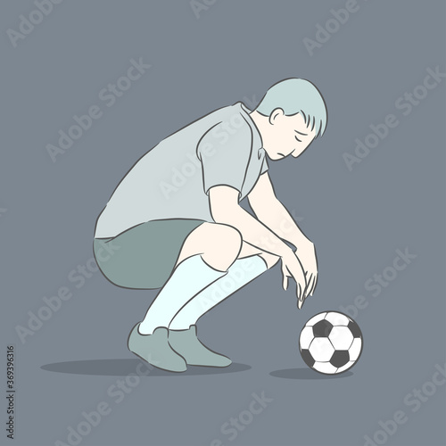 Vector illustration of sad football player in front of a ball, defeated, eliminated, losing.