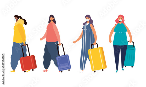 interracial female travelers with suitcases avatars characters