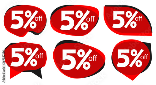 Set Sale 5% off bubble banners, discount tags design template, vector illustration