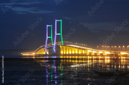 Night light, Suramadu bridge in Indonesia connects Java Island and Madura Island in Surabaya, East Java, Indonesia