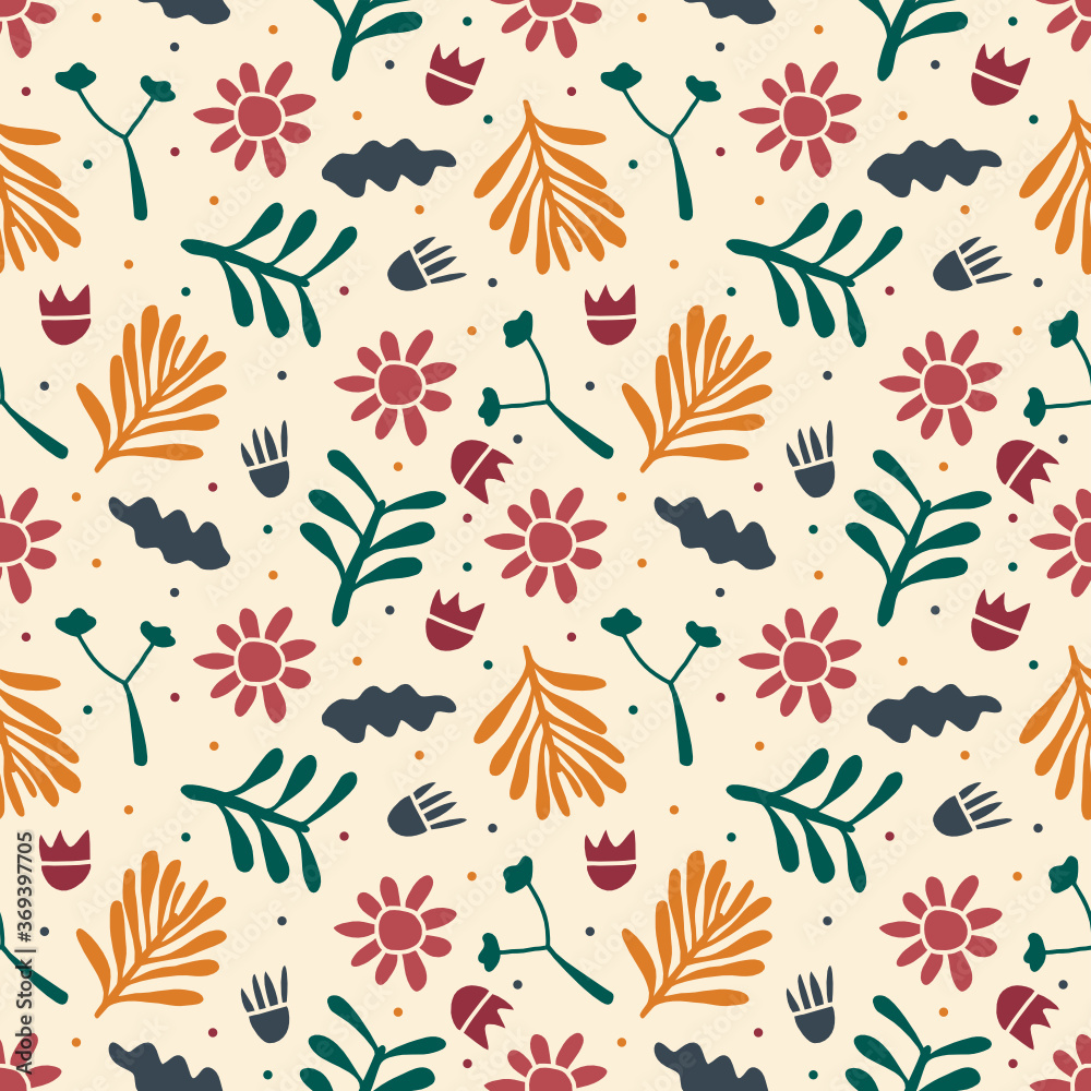 botanical flower and leaf seamless pattern vector  isolated in light yellow background