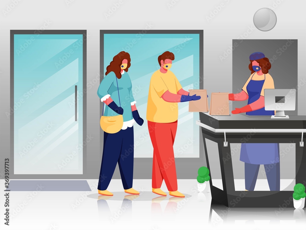 Customers And Shopper Wear Protective Mask At Counter With Maintaining Social Distance To Prevent From Coronavirus. Customers And Shopper Wear Protective Mask At Counter With Maintaining Social Distance To Prevent From Coronavirus.