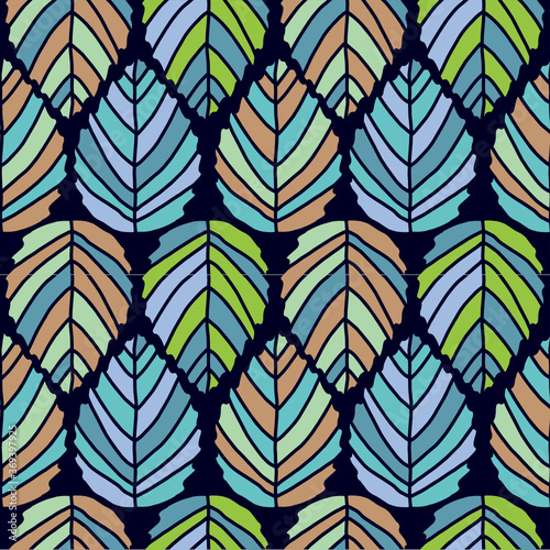 symmetrical leaf seamless pattern with block colors background