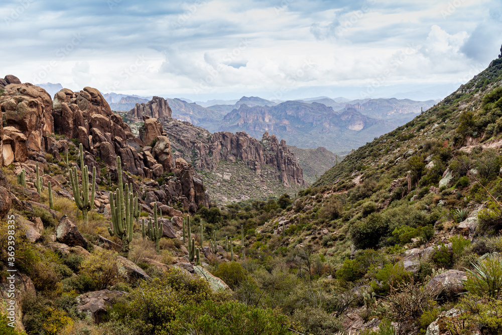 Morning landscape of rocky mountains and valley at Tonto National Forest