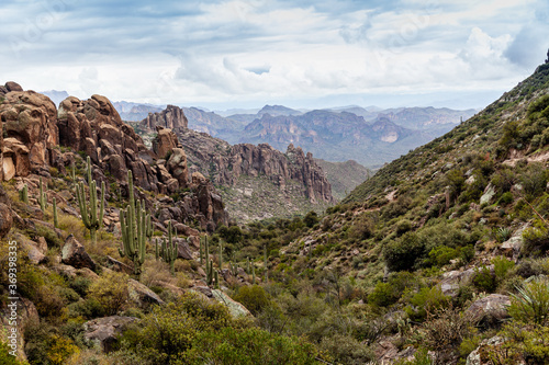 Morning landscape of rocky mountains and valley at Tonto National Forest photo