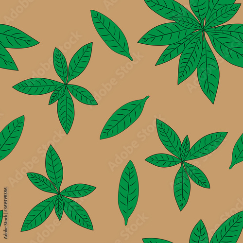 green leaves on a light brown background, seamless pattern, vector illustration. For textiles, printing, scrapbook. Stylized Leaves Seamless Pattern. Decorative Background.