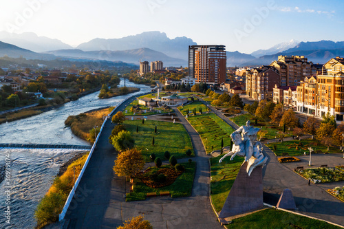 Panorama of Vladikavkaz city, Terek river embankment