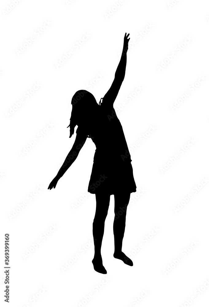 Silhouette of girl, dancing with outstretched hands, wearing skirt. Vector Illustration isolated on white background. 