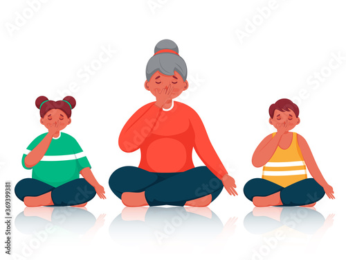 Character Of People Doing Yoga Alternate Nostril Breathing In Sitting Pose.