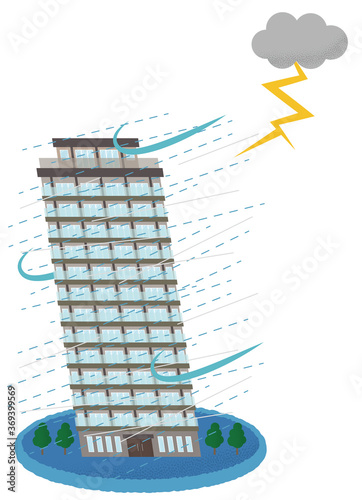 雷雨の被害に遭う高層マンションのベクターイラスト