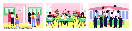 A set of varied and interesting student life. Students look at the exam results. Testing is underway in the classroom. At graduation, caps fly into the sky. Flat vector illustration.