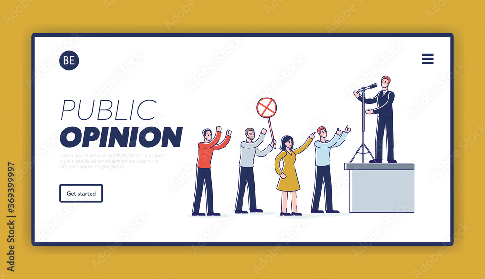 Public opinion landing page template with speaker talking from tribune to angry audience Public opinion landing page template with speaker talking from tribune to angry audience