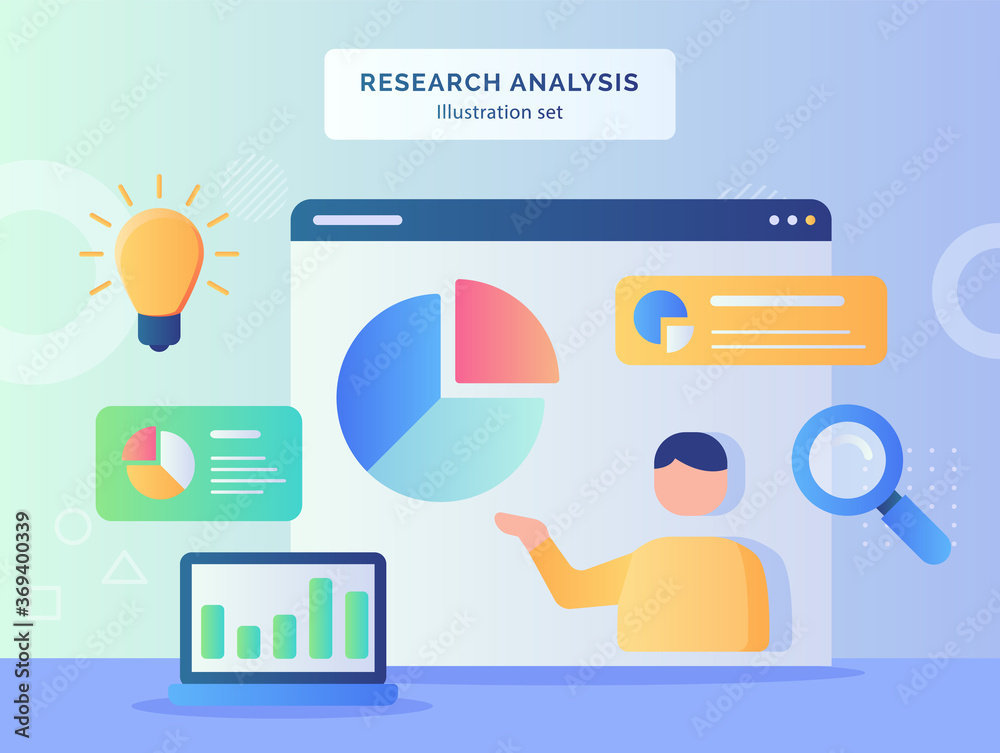 Research analysis illustration set men analyzing data on computer screen background of lupe magnifying pie chart bulb idea with flat style.