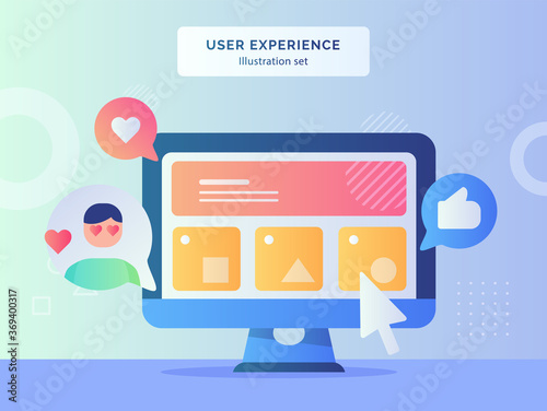 User experience illustration set wireframe ui on computer screen background of feedback like heart with flat style