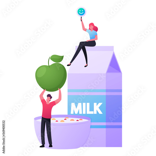 Family Couple Lifestyle. Tiny Characters Cooking Healthy Breakfast Together Having Fun. Woman Sitting on Huge Milk Package