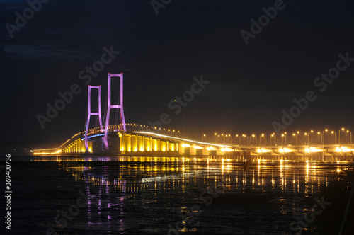 Night light, Suramadu bridge in Indonesia connects Java Island and Madura Island in Surabaya, East Java, Indonesia