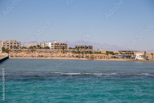 Fototapeta Naklejka Na Ścianę i Meble -  sea beach with palms and houses in egypt