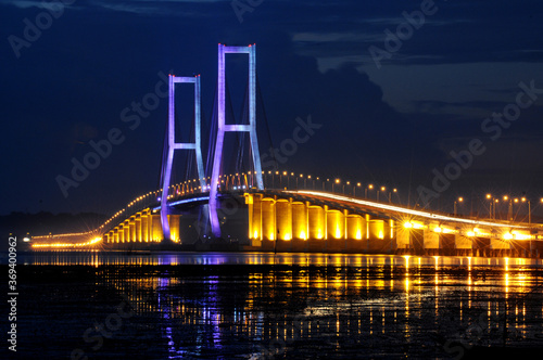 Night light, Suramadu bridge in Indonesia connects Java Island and Madura Island in Surabaya, East Java, Indonesia