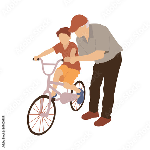 Grandfather teaching boy to ride a bicycle. Vector isolated flat illustration
