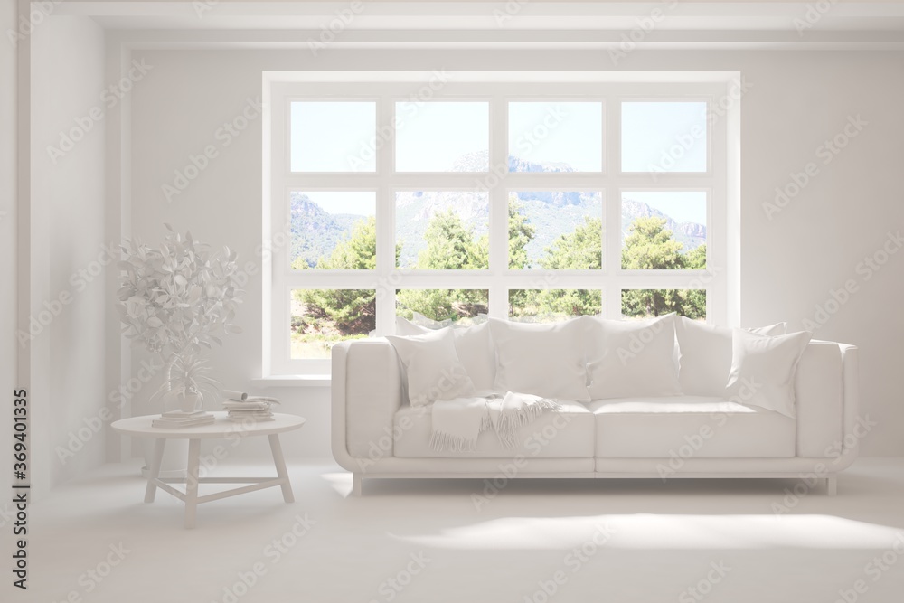 Stylish room in white color with sofa and green landscape in window. Scandinavian interior design. 3D illustration Stylish room in white color with sofa and green landscape in window. Scandinavian interior design. 3D illustration