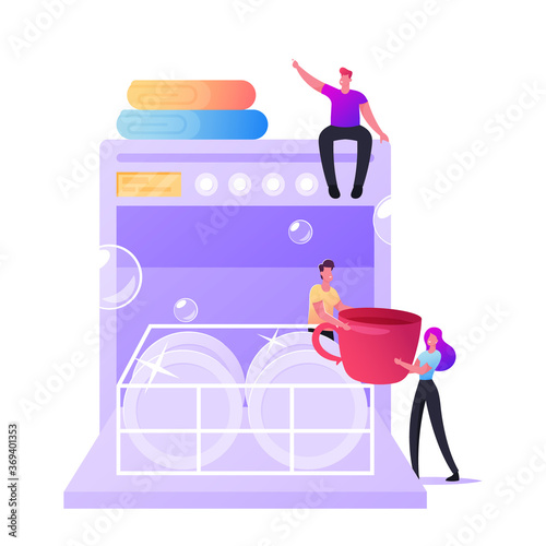 Every Day Routine. Tiny Characters Washing Kitchenware Put Plates and Cups to Huge Dishwasher. Happy People on Kitchen