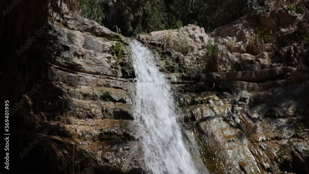 Waterfall in the desert – part of the Ein Gedi oasis natural reserve in southern Israel. Medium shot. Waterfall in the desert – part of the Ein Gedi oasis natural reserve in southern Israel. Medium shot.